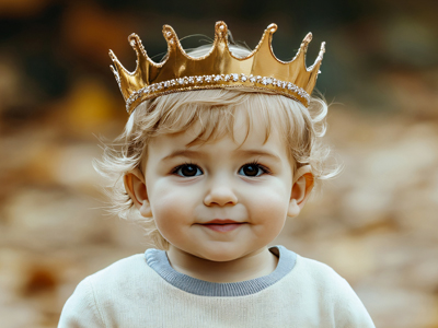 Portrait mittelblondes Kleinkind im Pullover mit einer Krone